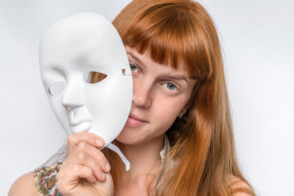 Mysterious,Woman,Cover,Her,Face,Behind,Anonymous,White,Mask